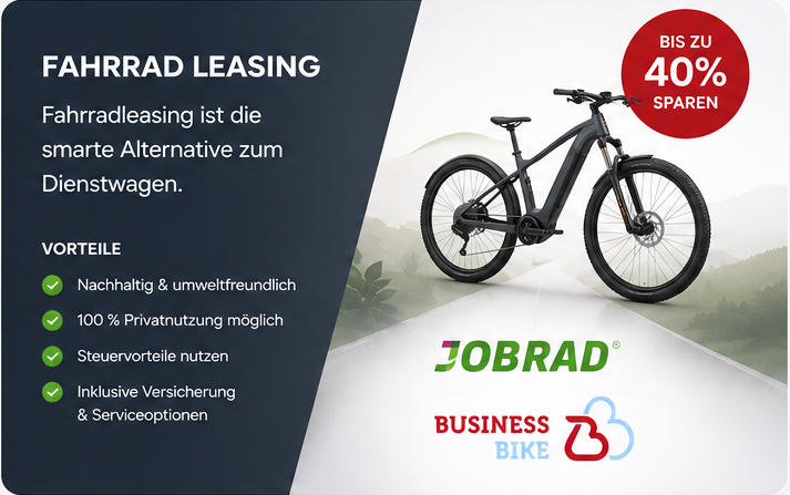 Fahrrad Leasing Visual mit E-Bike, Vorteilen und Anbieter-Logos